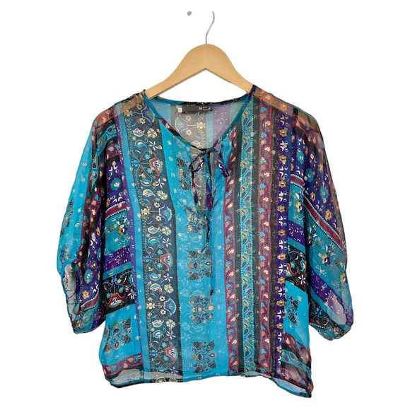 MYNE Ashley Ann Silk Sheer Boho Blouse Floral 3/4 Sleeve Ties at Neck Size 2 - Picture 8 of 13